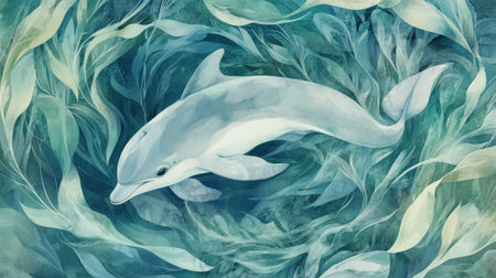 Dreamy baby dolphin illustration with soft blues and greens, resting in seaweed in a calm underwater settingの素材