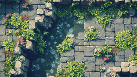 Detailed tileset with textures like metal, moss, and water, suited for creating retro-style game environmentsの素材