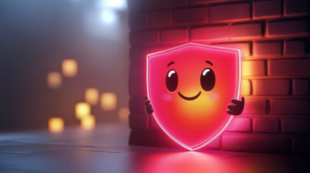 Cute shield character with smile, holding a barrier against sneaky hacker symbols, representing online privacy and securityの素材