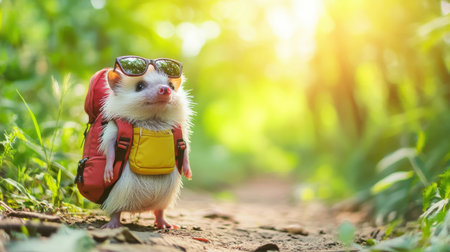 Hedgehog in sunglasses and backpack, exploring a lush green forest on a bright day, capturing a fun spiritの素材