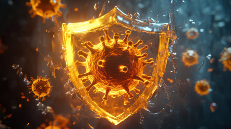 Detailed 3D scene with a Trojan virus icon halted by a strong shield, representing digital defense against online threatsの素材