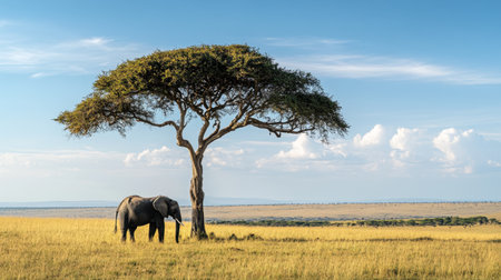 Elephant sitting alone on a narrow branch of a solitary tree, surrounded by an expansive blue sky and a distant horizonの素材
