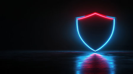 Futuristic shield emitting neon blue and red light, standing out in a dark setting, representing digital security protectionの素材
