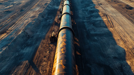 Expansive aerial view of oil pipelines cutting across barren desert, symbolizing global oil supply network and geopolitical impactの素材
