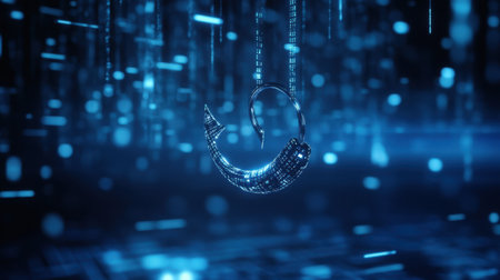 Cyber-style fishing hook catching data, warning of phishing, sleek digital design in a blue-toned tech environmentの素材
