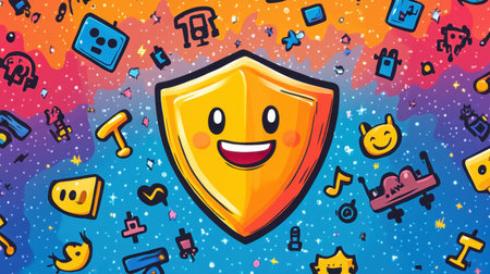 Friendly cartoon shield with a grin, pushing back hacker icons in a colorful background, symbolizing secure data protectionの素材