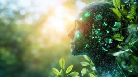 Futuristic scene of AI-driven transformation, highlighting green technology innovations from eye-level view, vibrant and immersiveの素材