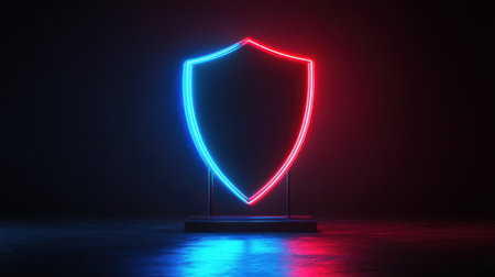 Futuristic shield emitting neon blue and red light, standing out in a dark setting, representing digital security protectionの素材