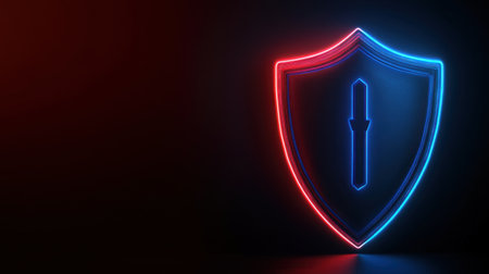 High-tech shield glowing in blue and red neon, set against a dark background, symbolizing cybersecurity and defenseの素材