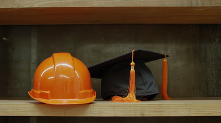 Graduate cap placed next to construction helmet, signifying transition from education to engineering professionの素材
