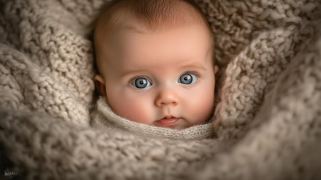 Newborn baby with bright blue eyes peeking out from a white blanket, surrounded by soft, warm lightingの素材