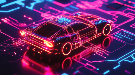 High-tech car navigating neon circuit board, emphasizing advancements in tech and automotive cybersecurityの素材