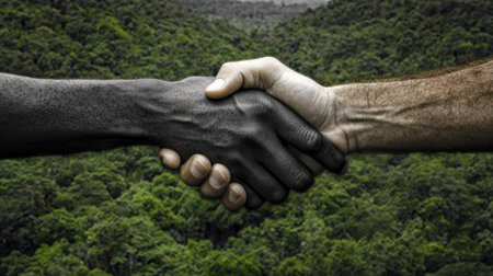 Hands clasped in a handshake above lush farmland, representing a partnership in eco-friendly agricultureの素材