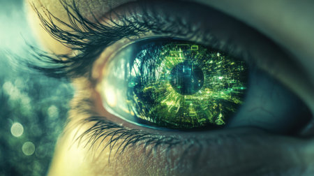 High-tech world with AI advancements and green solutions, eye-level perspective showing a sustainable, forward-thinking futureの素材