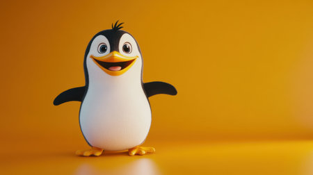 Happy penguin cartoon against a vibrant orange background, playful and cute, designed for light-hearted themesの素材