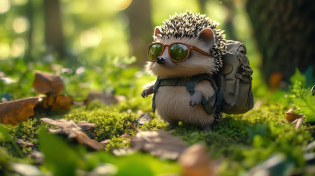 Hedgehog in sunglasses and backpack, exploring a lush green forest on a bright day, capturing a fun spiritの素材