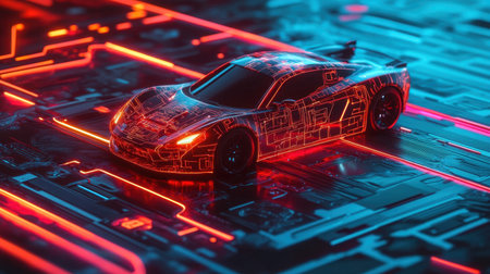 High-tech car gliding over a neon-lit circuit board, symbolizing advanced automotive technology and cybersecurityの素材