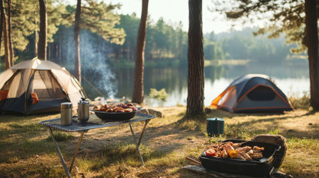 Lakeside camping scene with food grilling on a portable BBQ, tents and forested background, ideal for nature enthusiastsの素材