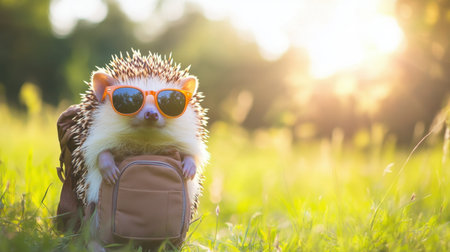 Hedgehog in sunglasses and backpack, exploring a lush green forest on a bright day, capturing a fun spiritの素材