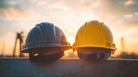 Graduation cap and construction helmet side by side, symbolic of education meeting career goals in engineeringの素材