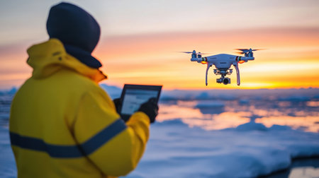 Engineer operates drone amidst Arctic landscape, icy blue surroundings highlighting tech-driven explorationの素材
