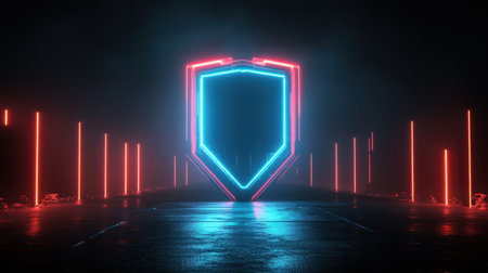 Futuristic shield emitting neon blue and red light, standing out in a dark setting, representing digital security protectionの素材