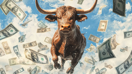 Majestic bull surrounded by floating currency notes, symbolizing financial prosperity, surrealistic background with blue skiesの素材
