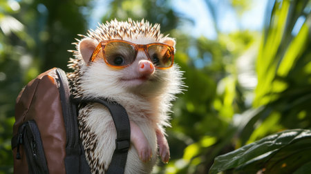 Hedgehog in sunglasses and backpack, exploring a lush green forest on a bright day, capturing a fun spiritの素材