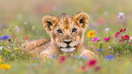 Little lion cub with fluffy mane in pastel grass, surrounded by wildflowers, creating a calm and cute savannah sceneの素材