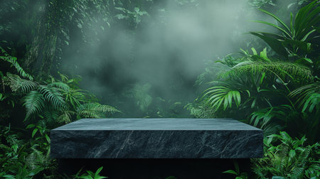 Misty stone podium in a lush, green environment with gentle fog, ideal for natural product displayの素材