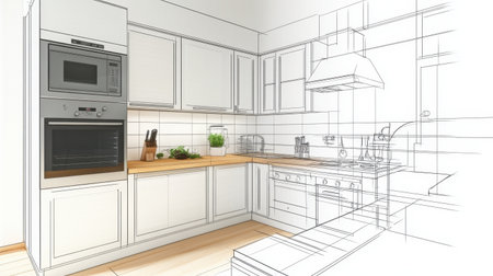 Modern kitchen with smart appliances, white-and-wood finish, and open shelving, providing a clean and inviting spaceの素材