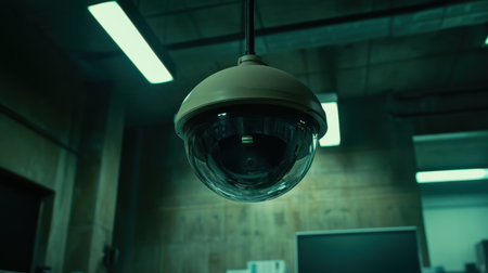 Office space under watch of a dome security camera, conveying sense of safety and surveillance in a professional settingの素材