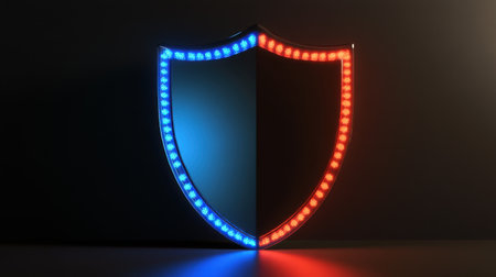 Glowing shield with blue-red lights, symbolizing protection against cyber threats in a 3D tech-inspired spaceの素材