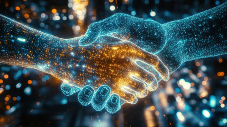 Neon scene of digital meets real handshake, highlighting synergy between technology and humanity in dynamic lightingの素材