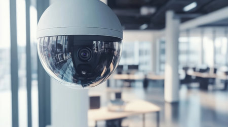 Modern dome camera in corporate office, positioned to monitor open workspace, illustrating workplace securityの素材
