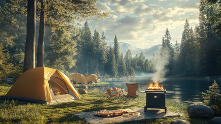 Lakeside camping scene with food grilling on a portable BBQ, tents and forested background, ideal for nature enthusiastsの素材