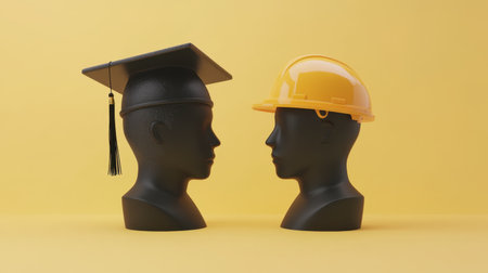 Graduation cap and construction helmet side by side, symbolic of education meeting career goals in engineeringの素材