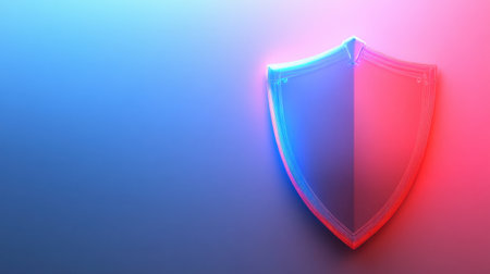 Glowing shield with blue-red lights, symbolizing protection against cyber threats in a 3D tech-inspired spaceの素材