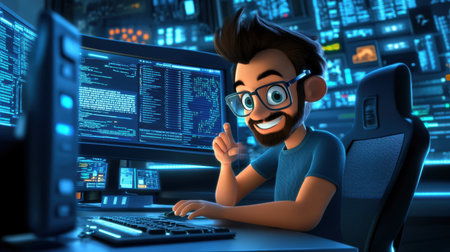 Friendly firewall blocking hacker in a cartoonish world, humorously showcasing security control and protectionの素材