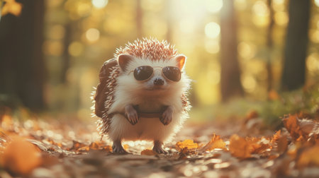 Playful hedgehog with shades and a tiny backpack, happily strolling in a sunlit forestの素材