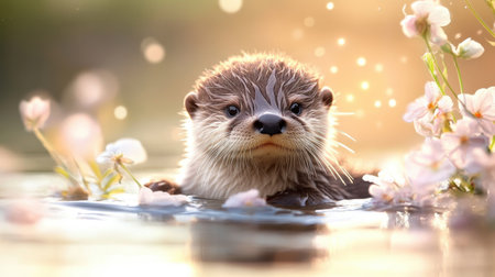 Playful baby otter in a serene river, soft fur and tender expression, pastel water and flowers adding charmの素材