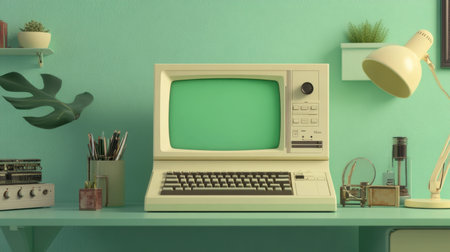 Pastel-colored retro computer with green text screen, surrounded by vintage gadgets on mint green desk, vintage ambianceの素材