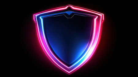 Neon-lit shield with futuristic design in a dark space, representing cybersecurity and advanced protection systemsの素材
