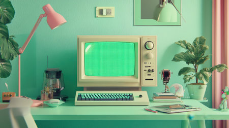Pastel-colored retro computer with green text screen, surrounded by vintage gadgets on mint green desk, vintage ambianceの素材