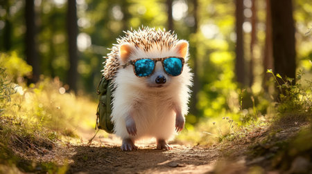 Playful hedgehog with shades and a tiny backpack, happily strolling in a sunlit forestの素材