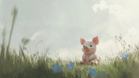 Piglet with soft expression in watercolor, surrounded by green grass and blue flowers, playful and sereneの素材