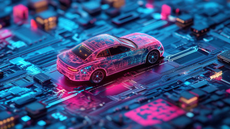 High-tech car navigating neon circuit board, emphasizing advancements in tech and automotive cybersecurityの素材
