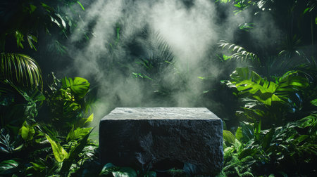 Organic stone podium surrounded by lush green foliage and light mist, perfect for serene themesの素材