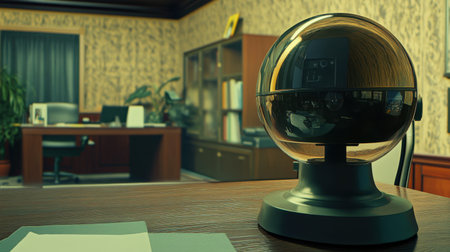 Office space under watch of a dome security camera, conveying sense of safety and surveillance in a professional settingの素材