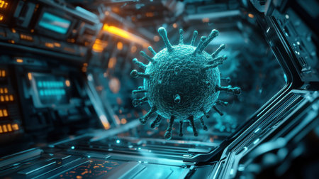 High-tech 3D shield stopping Trojan virus figure in a futuristic setting, reinforcing the concept of threat preventionの素材